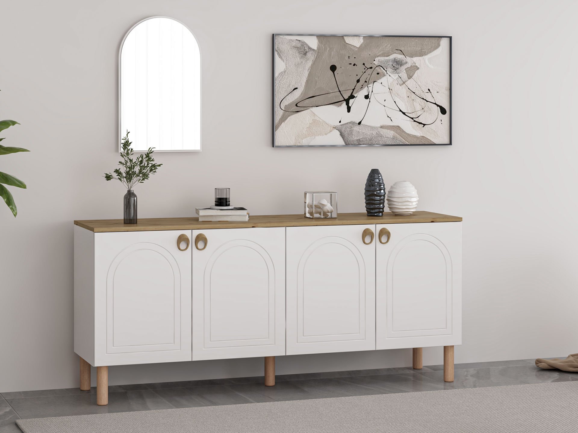 Lotus Bohem Tarz Konsol & Ayna - Beyaz/Artisan