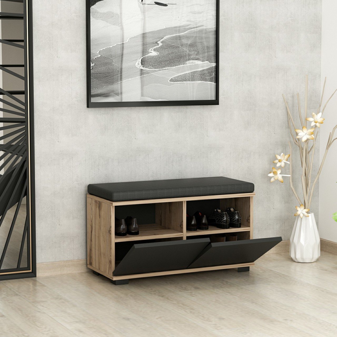 Minar Drago Oturaklı Ayakkabılık ve Puf - Çırağan/Siyah