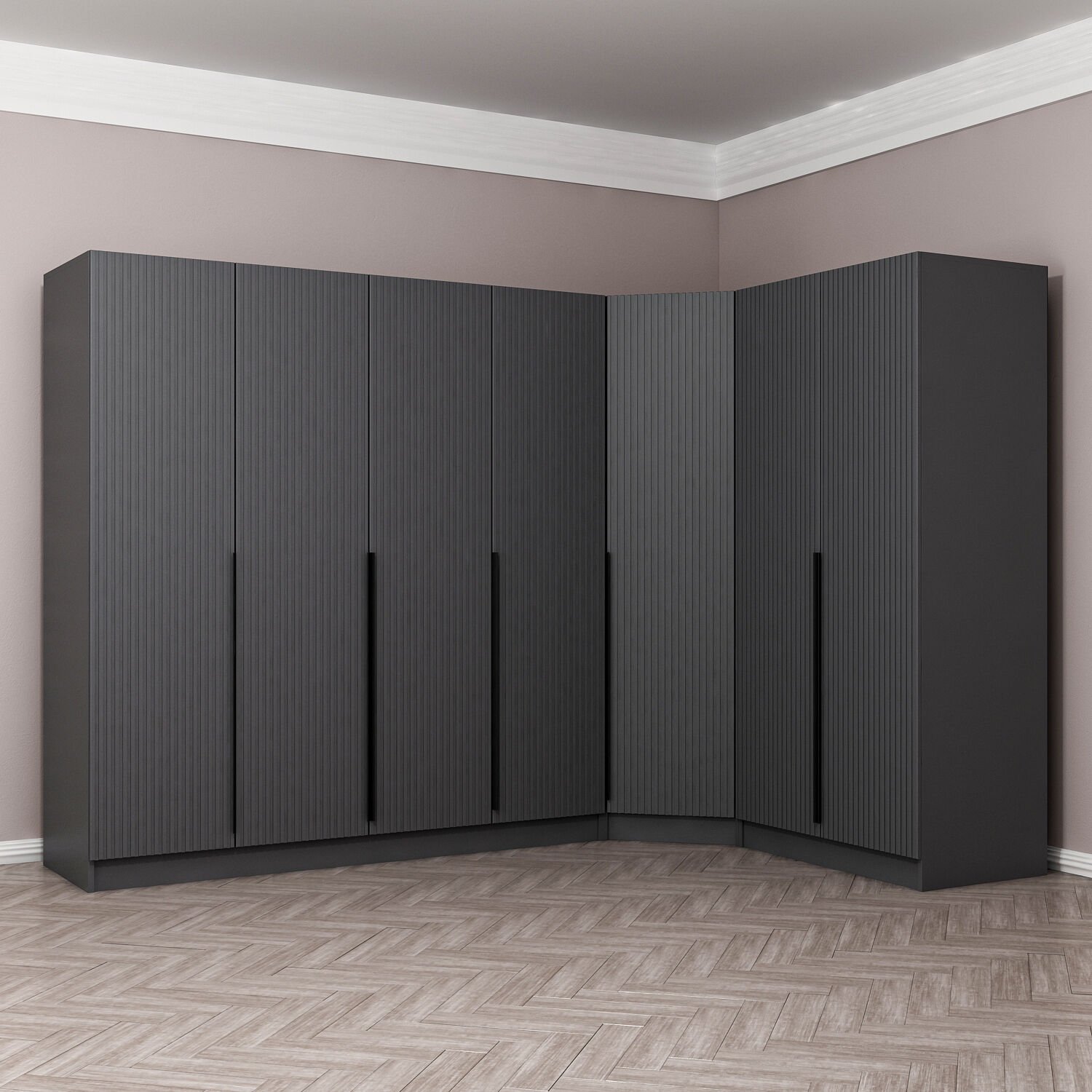 Kaleplus 7 Kapaklı 2 Çekmeceli Köşe Dolap Antrasit Mebran Antrasit Çizgili