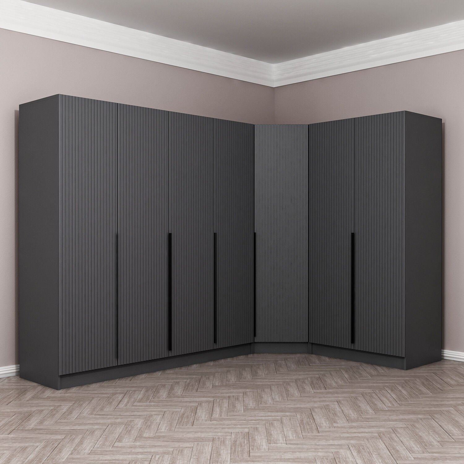 Kaleplus 7 Kapaklı 2 Çekmeceli Köşe Dolap Antrasit Mebran Antrasit Çizgili