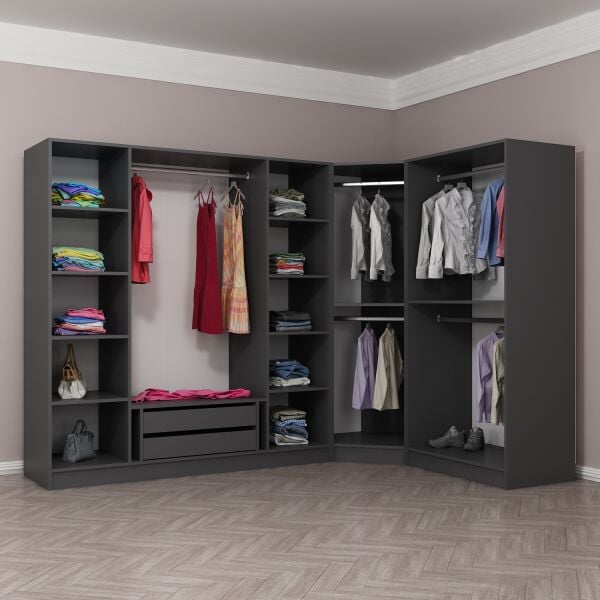 Kaleplus 7 Kapaklı 2 Çekmeceli Köşe Dolap Antrasit Mebran Antrasit Çizgili