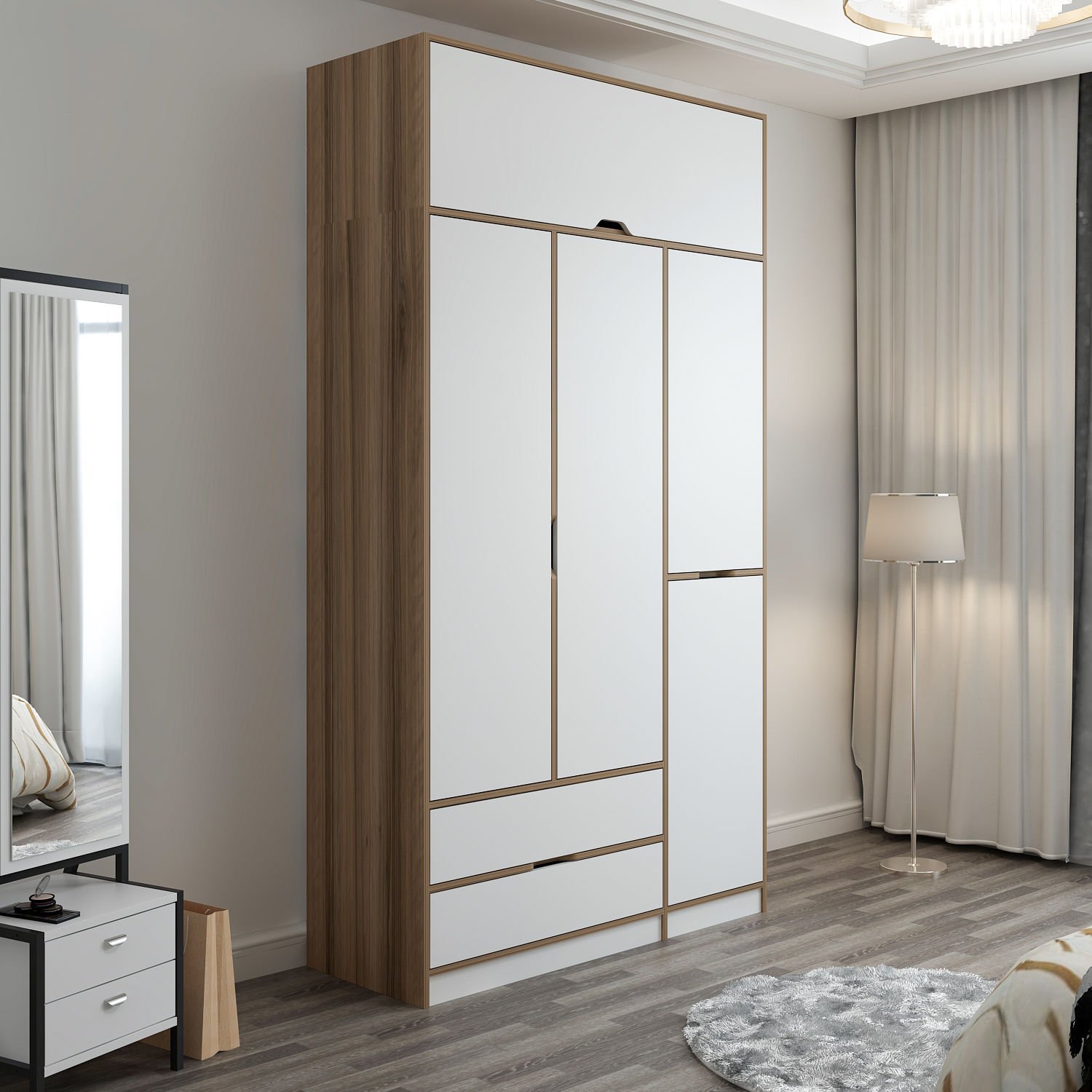 Elina 3 Kapaklı Yüklüklü Dolap - Dore/Beyaz