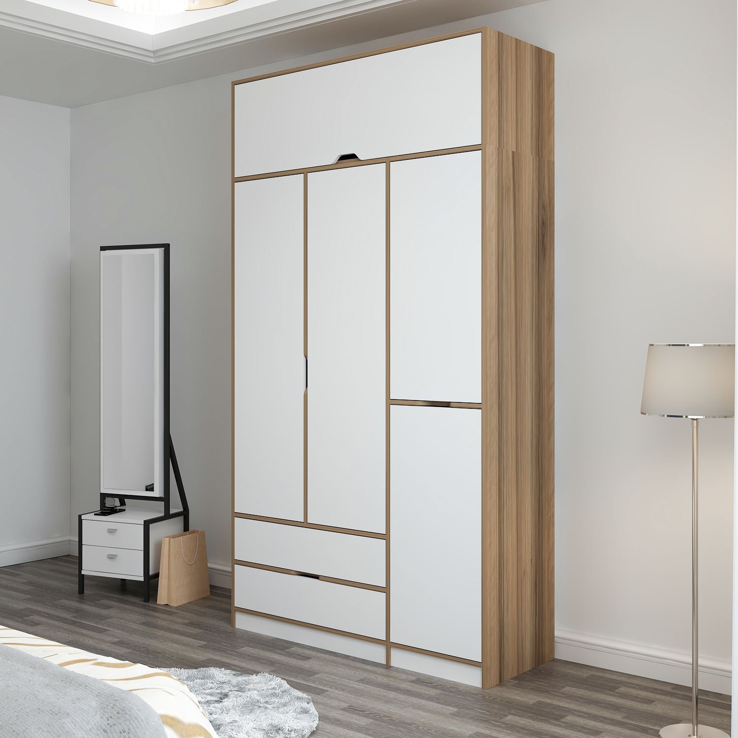 Elina 3 Kapaklı Yüklüklü Dolap - Dore/Beyaz