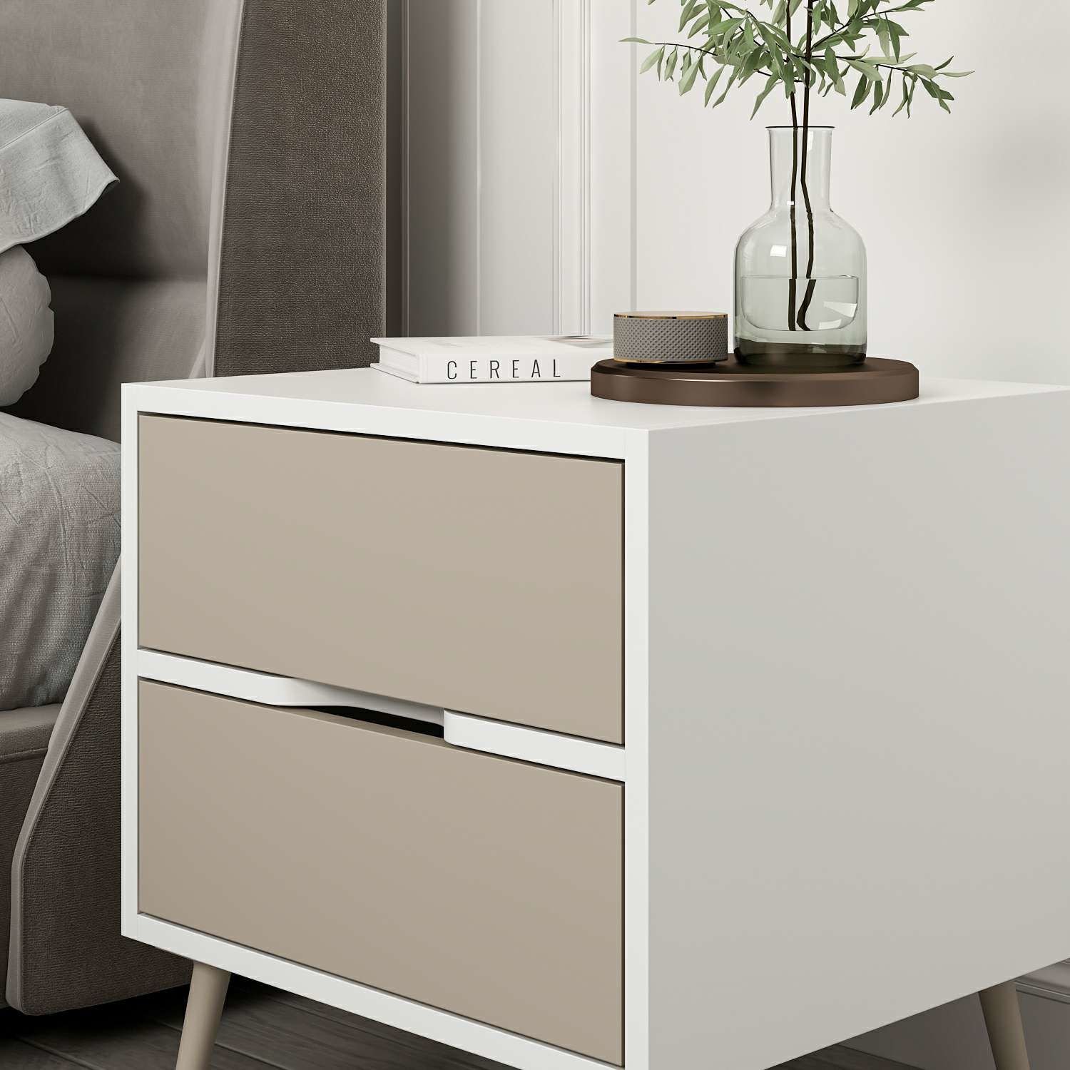 Elina Ayaklı 2 Çekmeceli Komodin - Beyaz/Kumtaşı