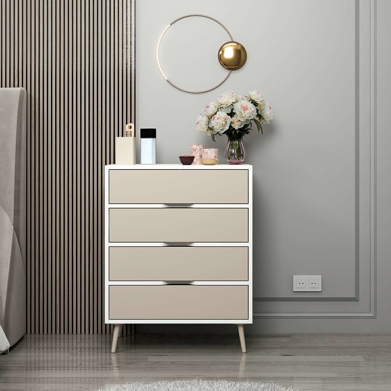 Elina Ayaklı 4 Çekmeceli Şifonyer - Beyaz/Kumtaşı