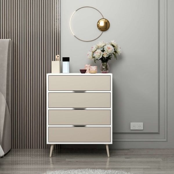 Elina Ayaklı 4 Çekmeceli Şifonyer - Beyaz/Kumtaşı