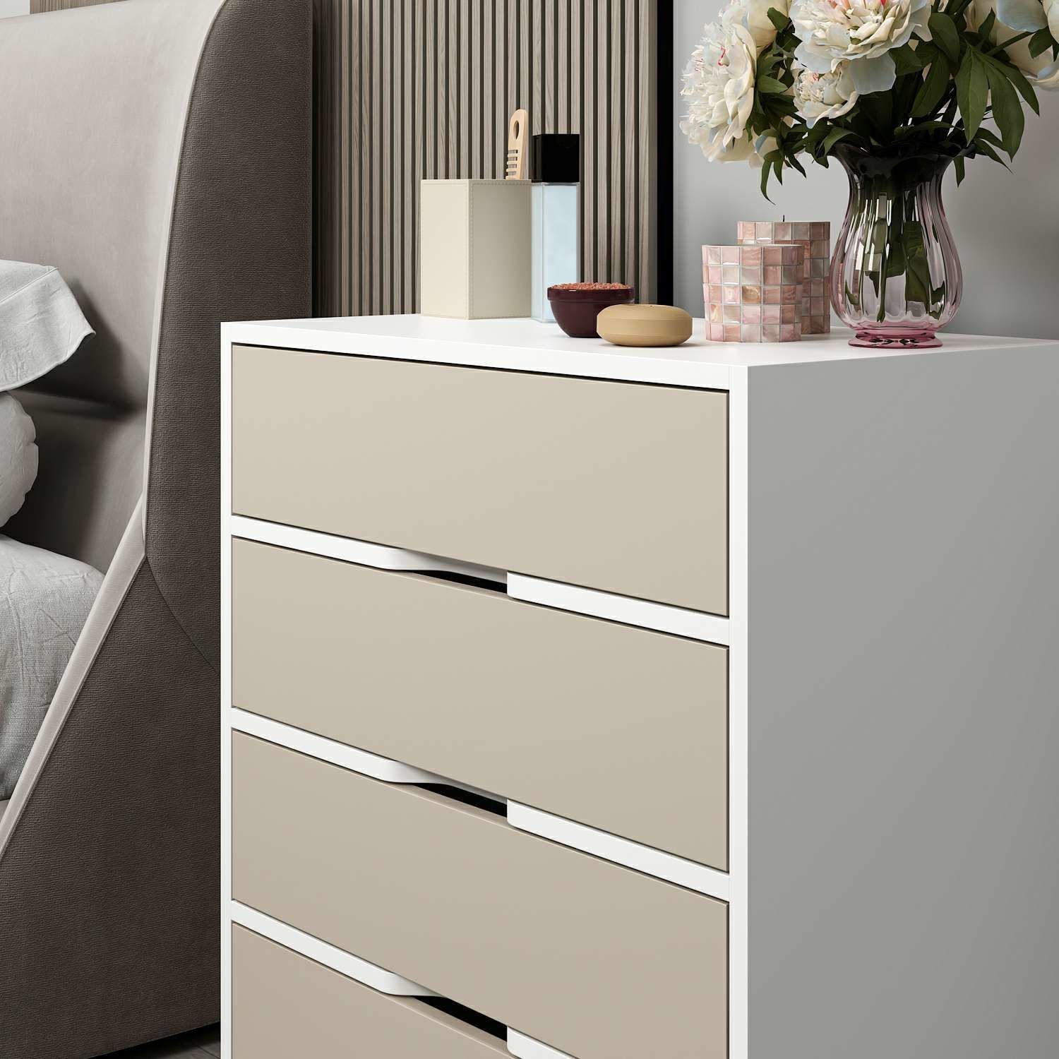 Elina Ayaklı 4 Çekmeceli Şifonyer - Beyaz/Kumtaşı