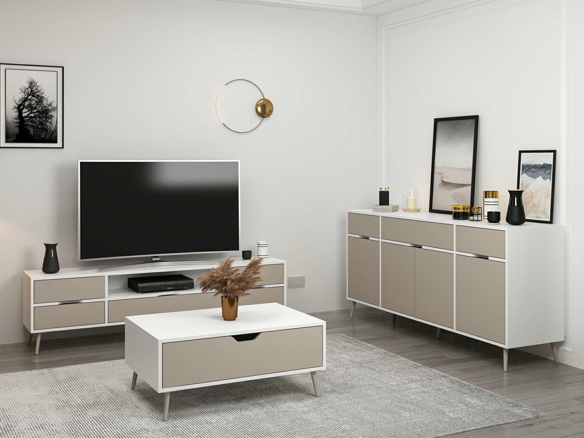 Elina Ayaklı Oturma Odası Set1 - Beyaz/Kumtaşı