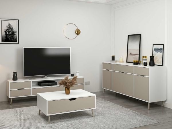 Elina Ayaklı Oturma Odası Set1 - Beyaz/Kumtaşı