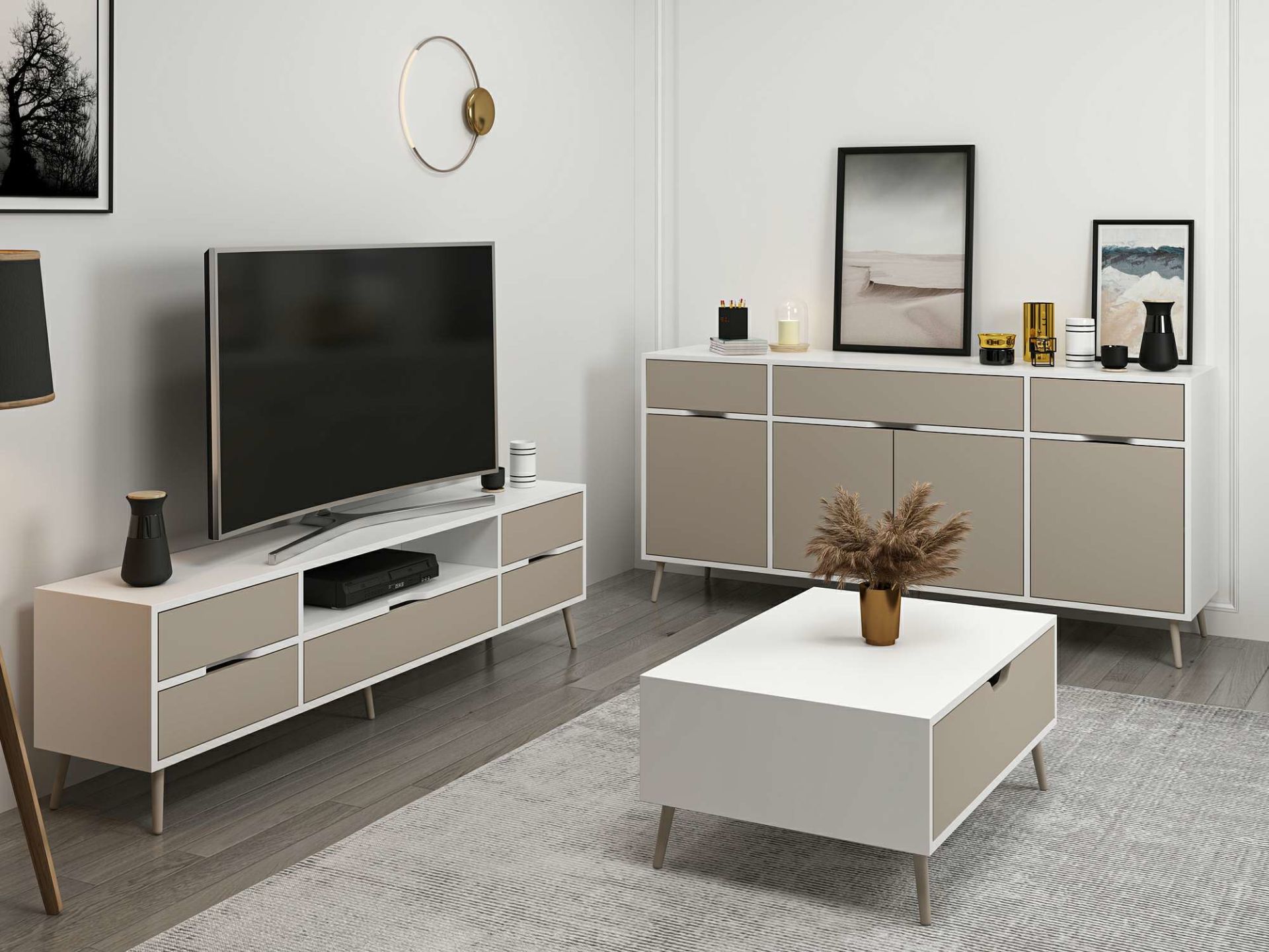 Elina Ayaklı Oturma Odası Set1 - Beyaz/Kumtaşı