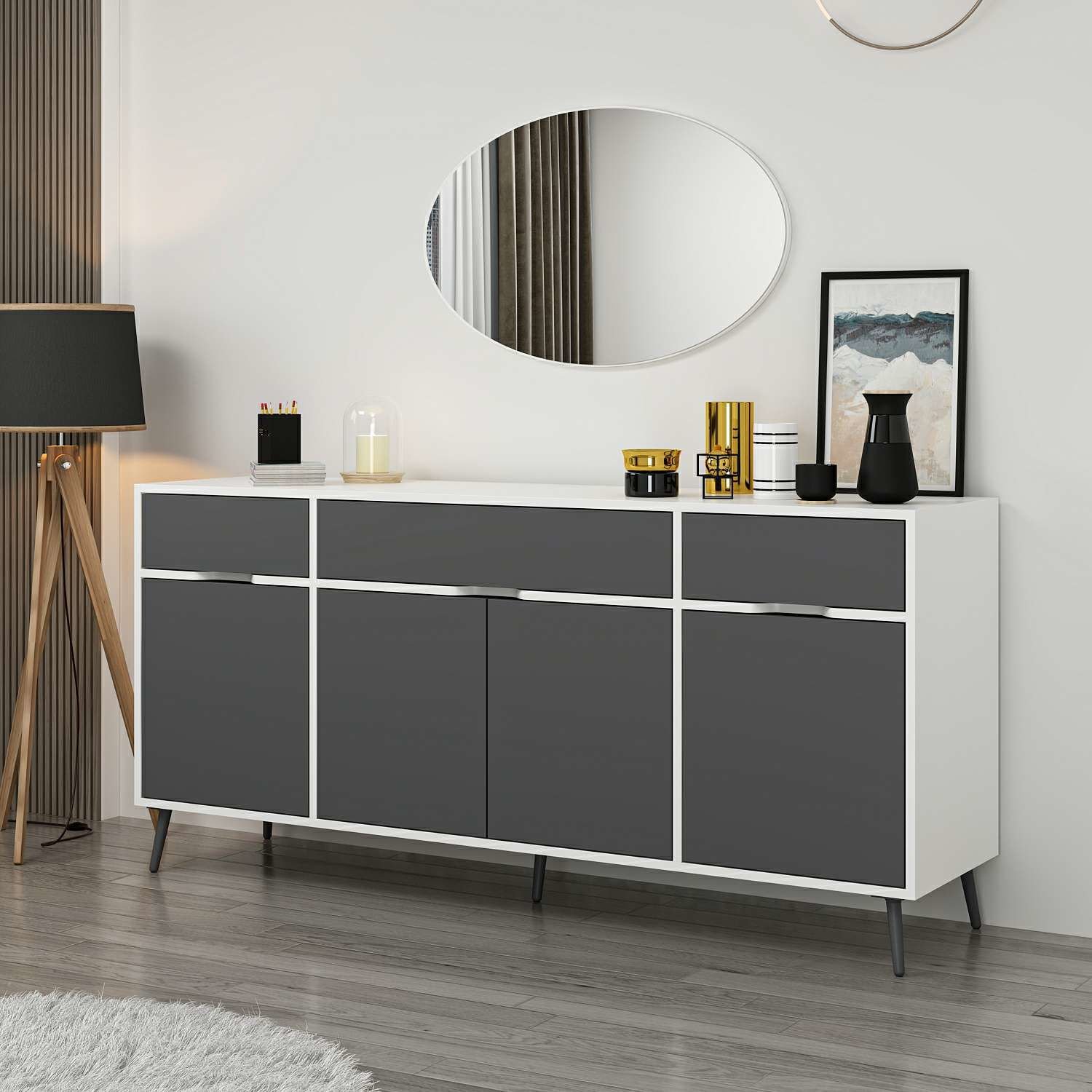 Elina Ayaklı Konsol Aynalı - Beyaz/Antrasit