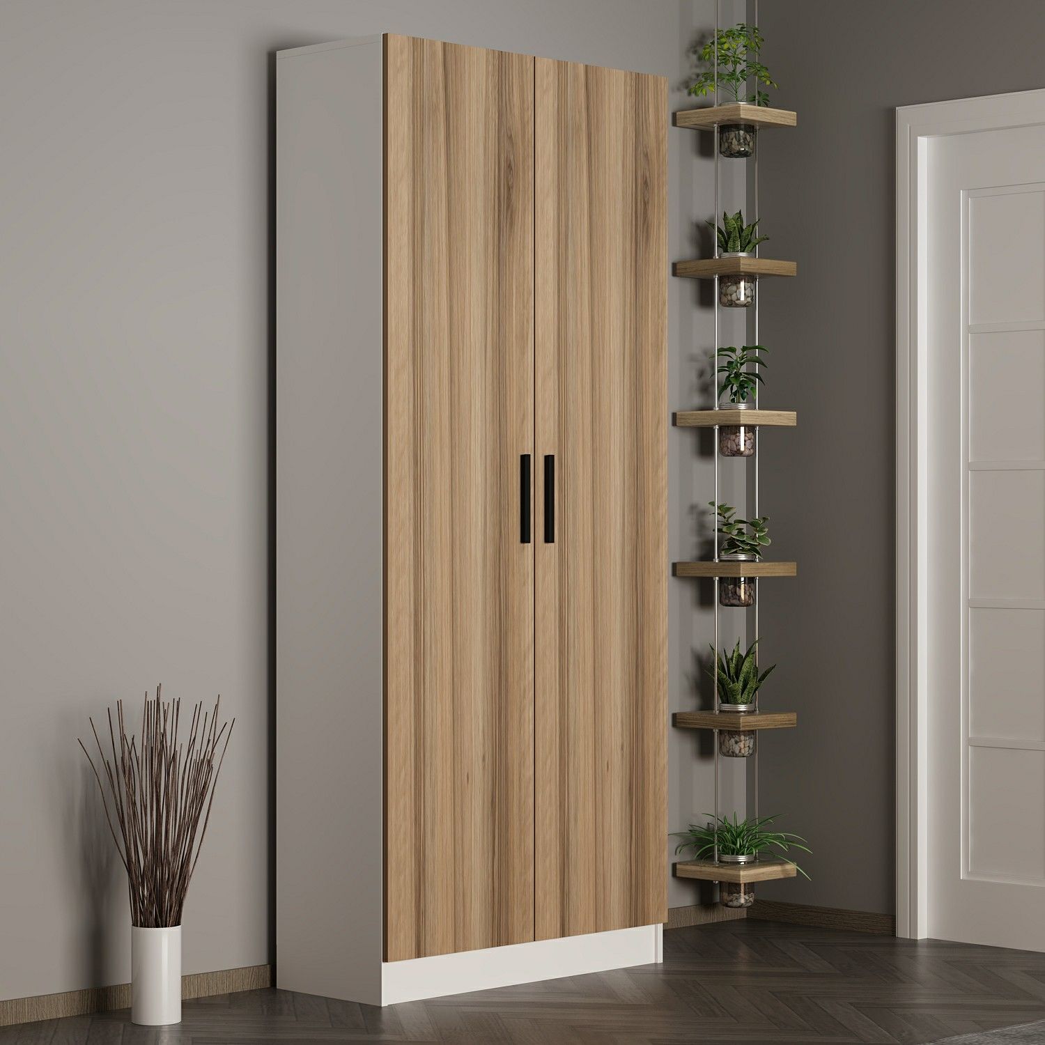 Minar Kale 210 Cm 2 Kapaklı 2B Raf Portmanto Beyaz Dore