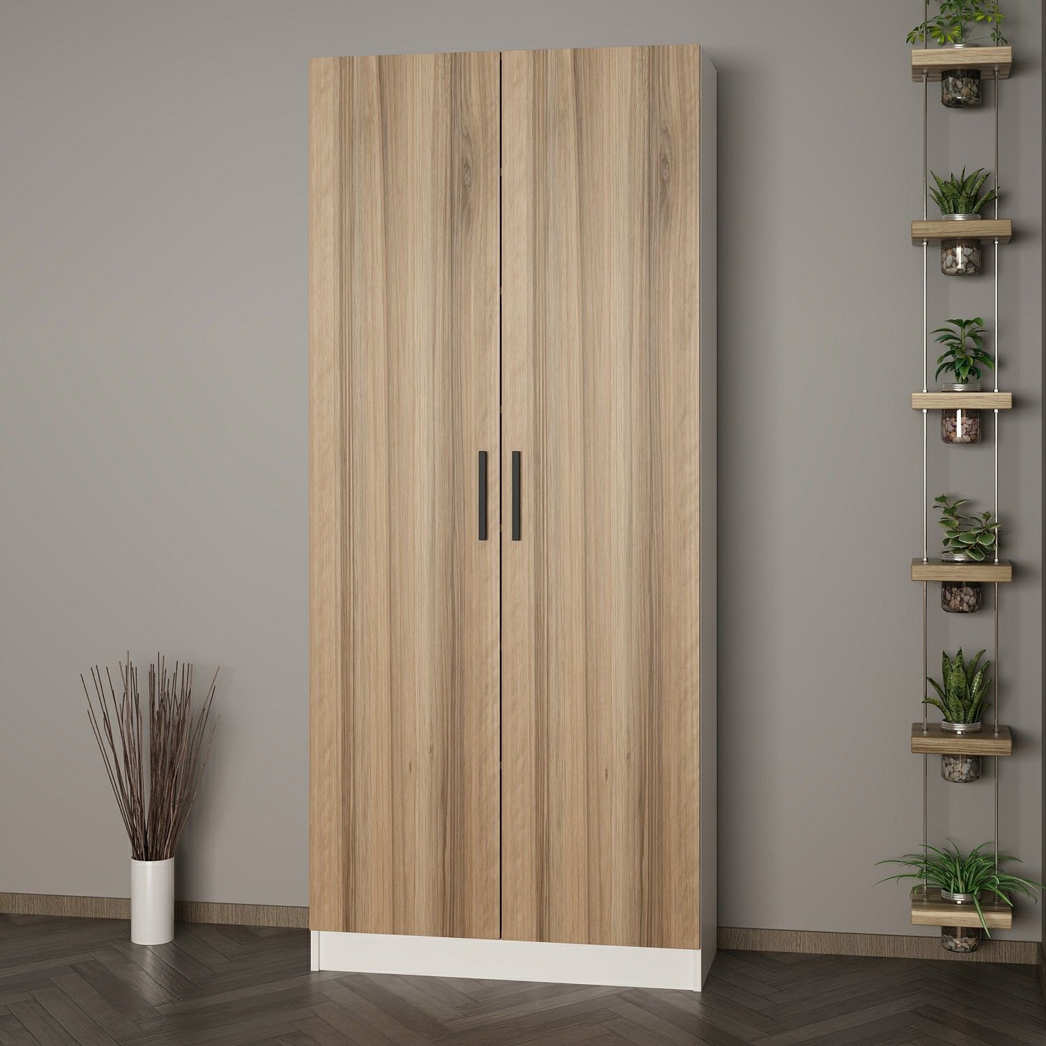 Minar Kale 210 Cm 2 Kapaklı 2B Raf Portmanto Beyaz Dore