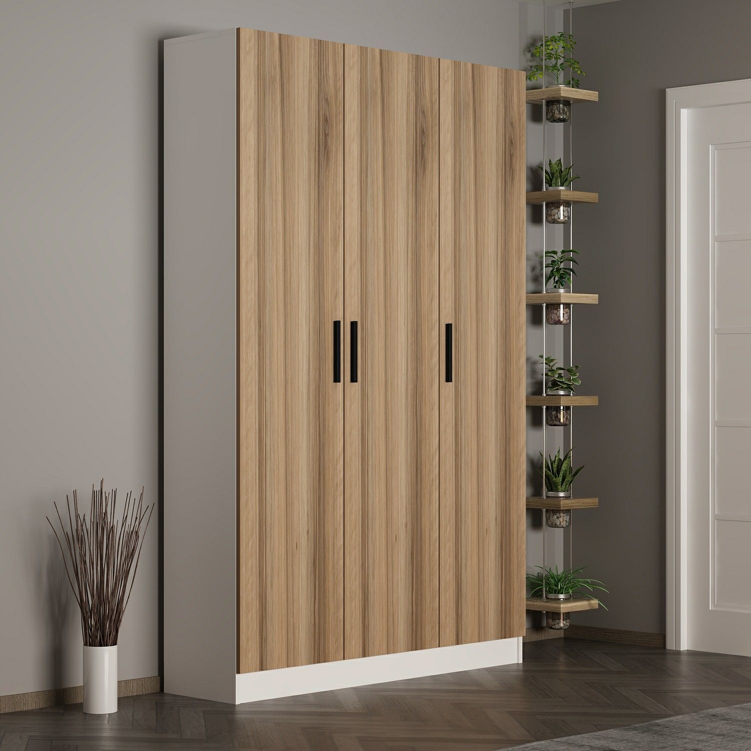 Minar Kale 210 Cm 3 Kapaklı 1B Raf Portmanto Beyaz Dore