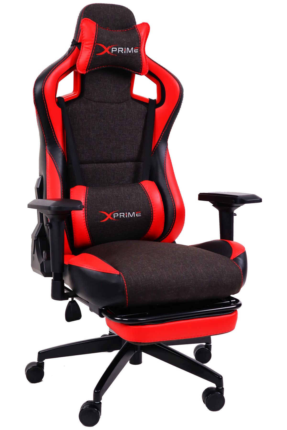 XPrime Over Pro. Oyuncu Koltuğu Hybrid Kumaş 4D Kolçak Ayak Uzatmalı Kırmızı
