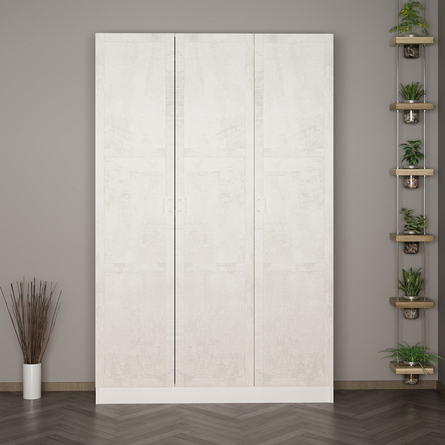 Minar Kale 210 Cm 3 Kapaklı 1B Raf Portmanto Beyaz Eskitme Beyaz