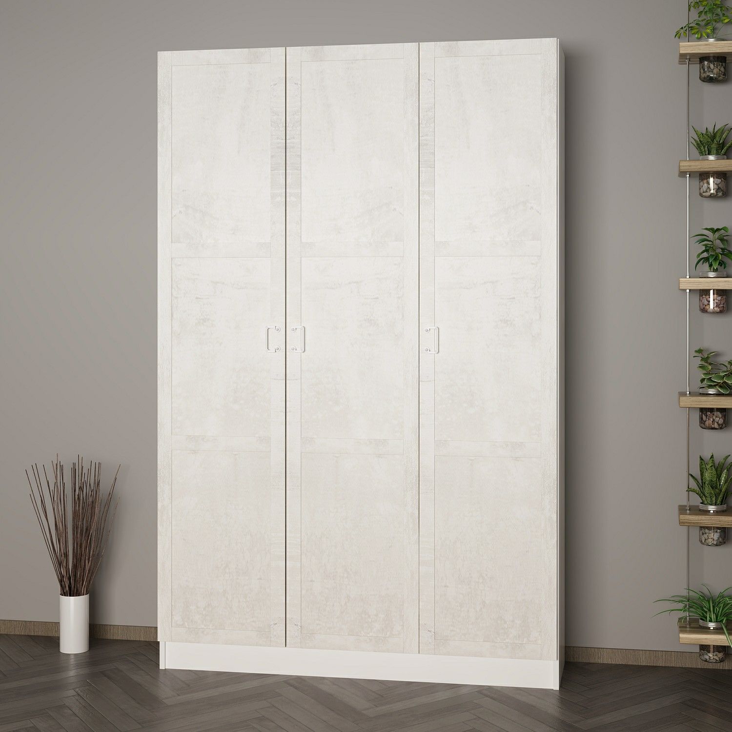 Minar Kale 210 Cm 3 Kapaklı 1B Raf Portmanto Beyaz Eskitme Beyaz