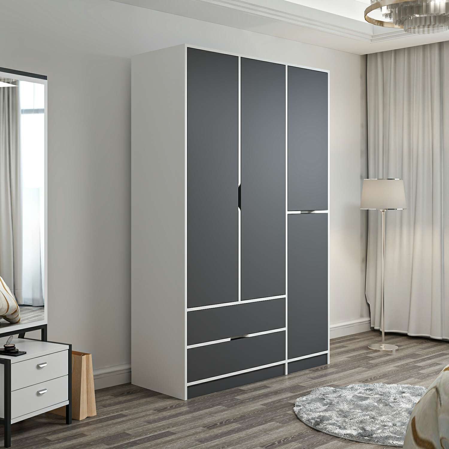 Elina 3 Kapaklı Dolap - Beyaz/Antrasit