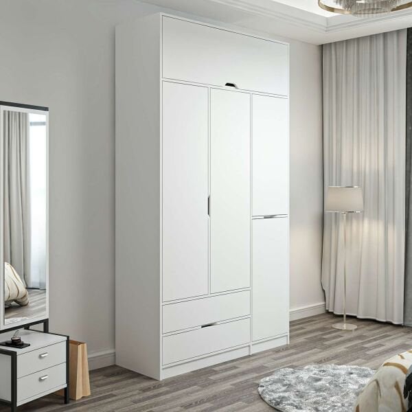 Elina 3 Kapaklı Dolap + Yüklük - Beyaz/Beyaz