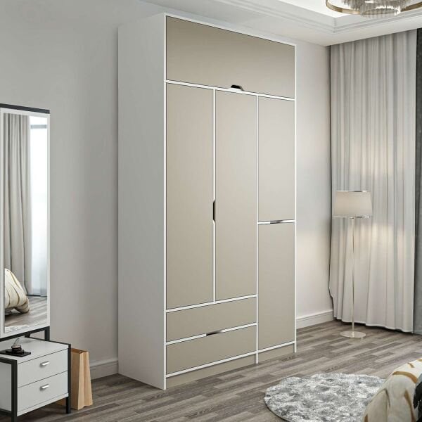 Elina 3 Kapaklı Dolap + Yüklük - Beyaz/Kumtaşı