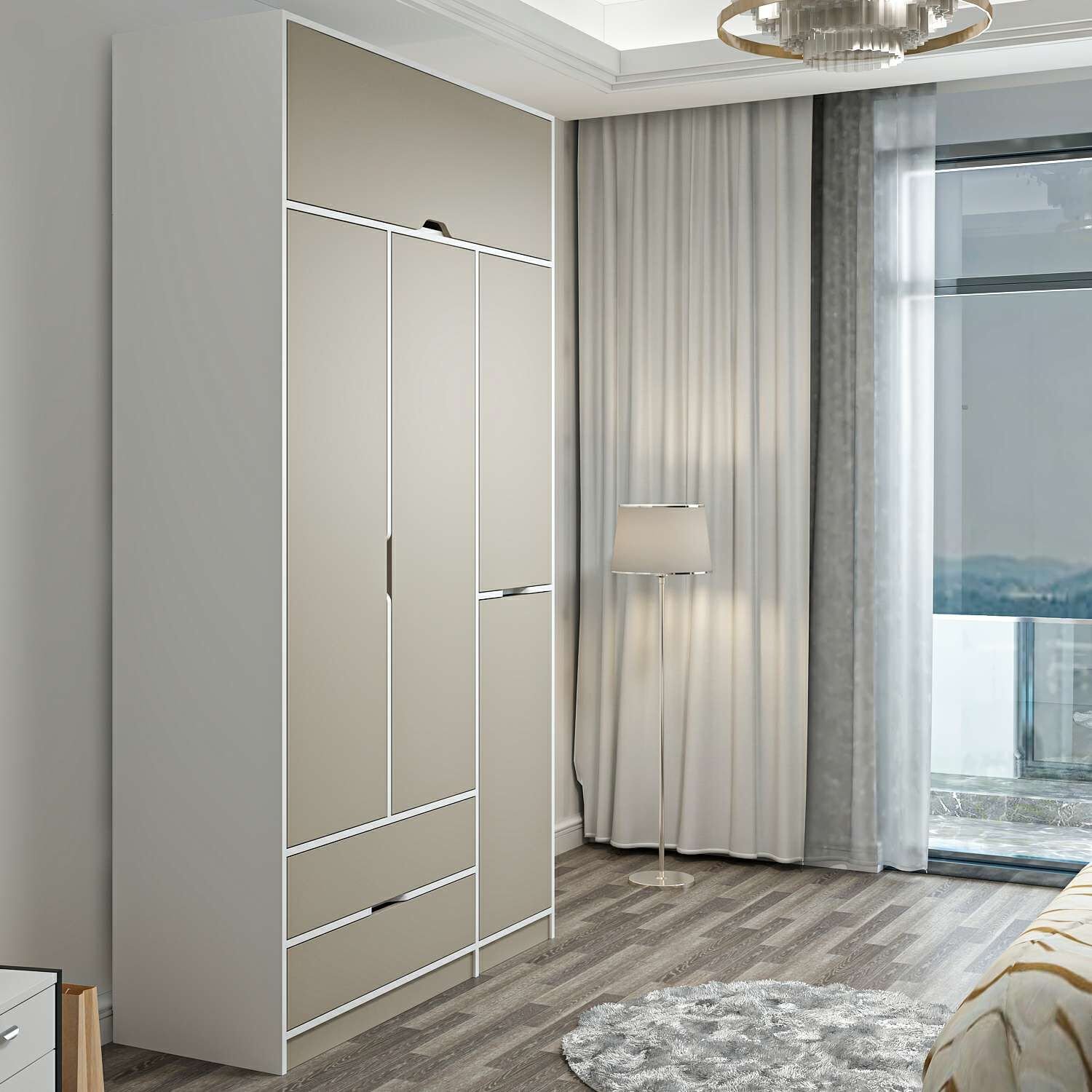 Elina 3 Kapaklı Dolap + Yüklük - Beyaz/Kumtaşı