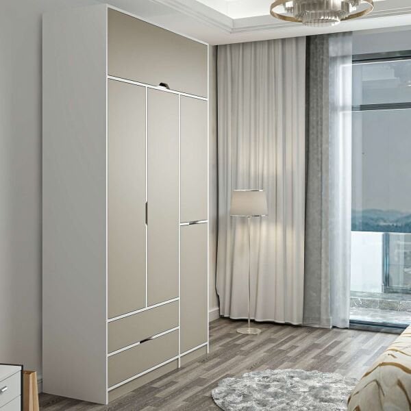 Elina 3 Kapaklı Dolap + Yüklük - Beyaz/Kumtaşı