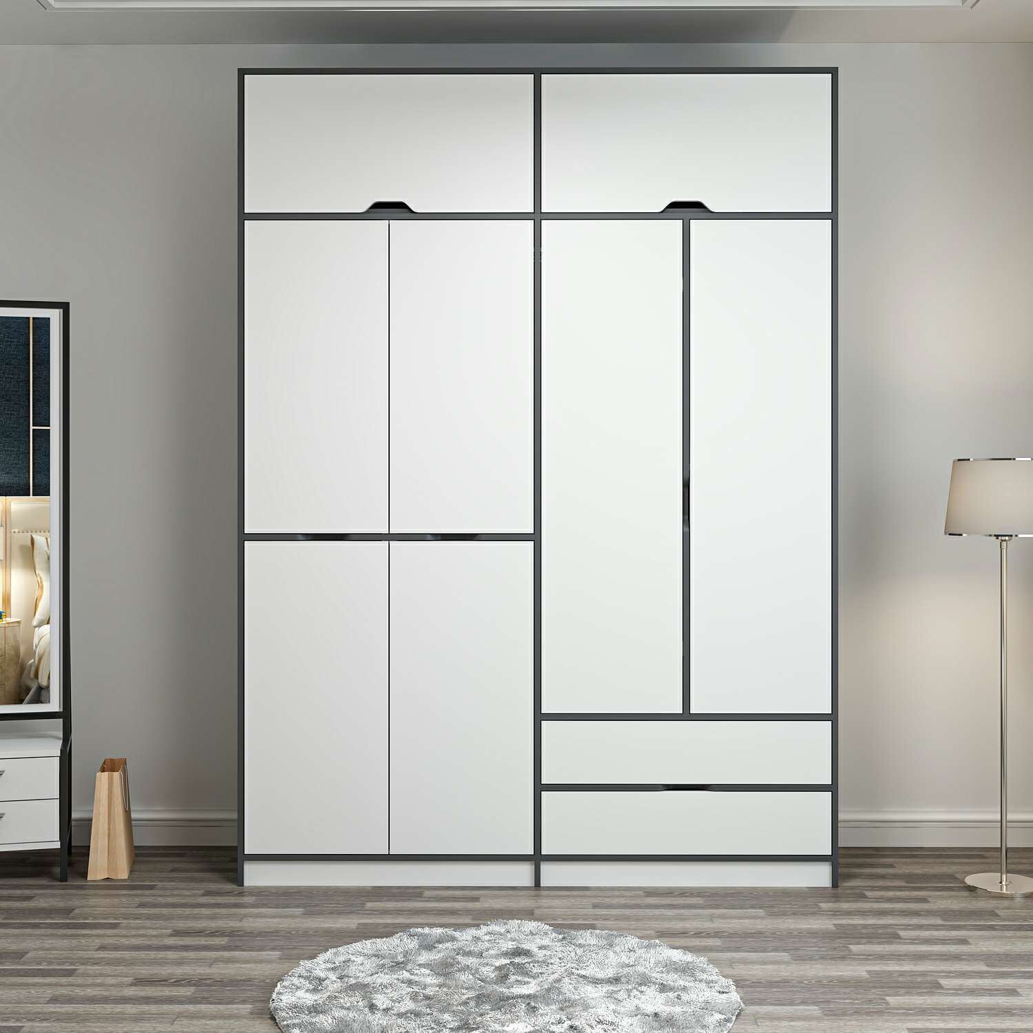 Elina 4 Kapaklı Dolap + Yüklük - Antrasit/Beyaz