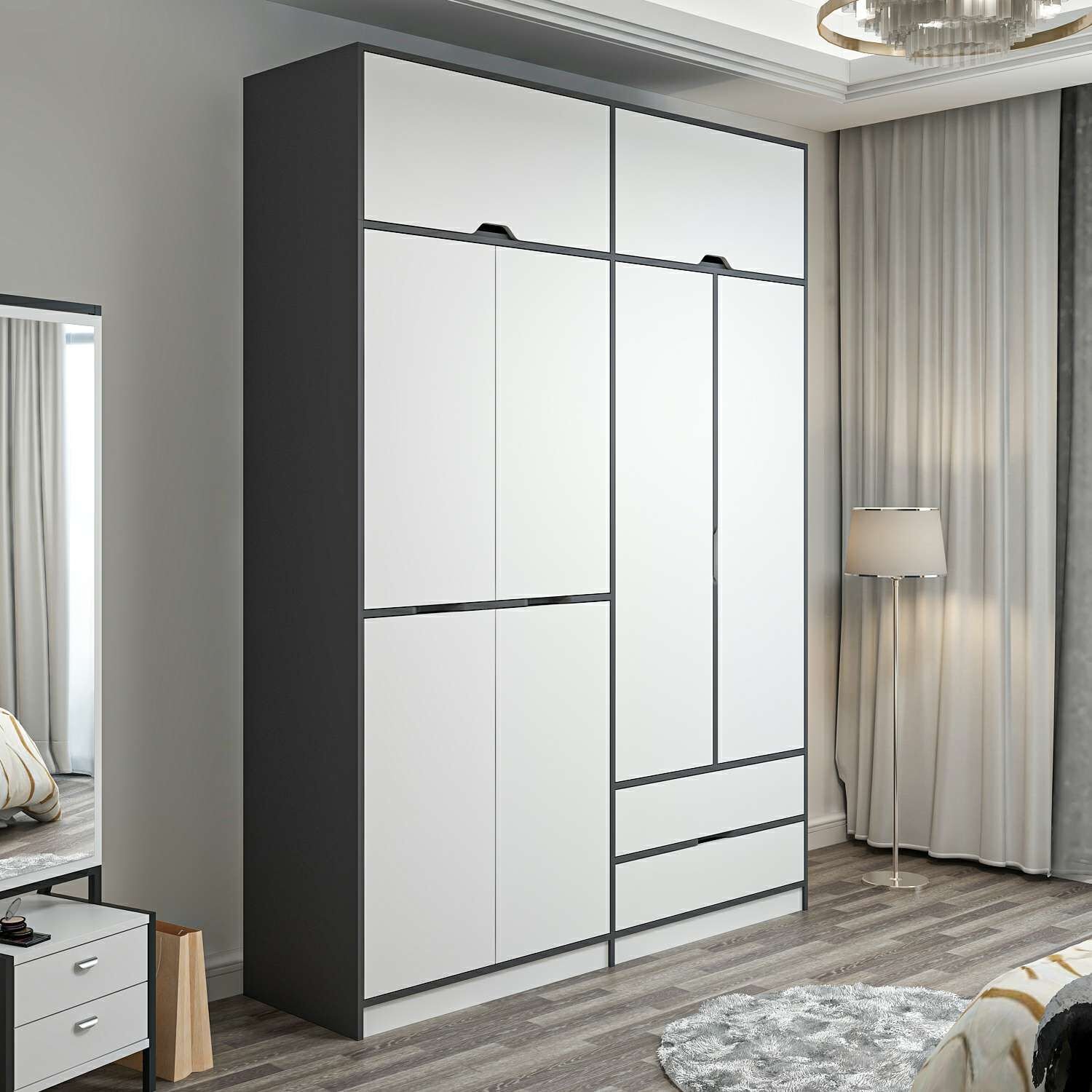 Elina 4 Kapaklı Dolap + Yüklük - Antrasit/Beyaz