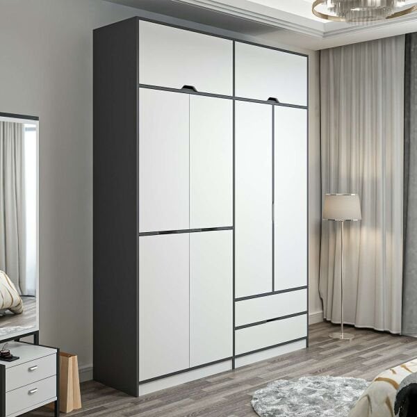Elina 4 Kapaklı Dolap + Yüklük - Antrasit/Beyaz