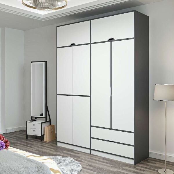Elina 4 Kapaklı Dolap + Yüklük - Antrasit/Beyaz