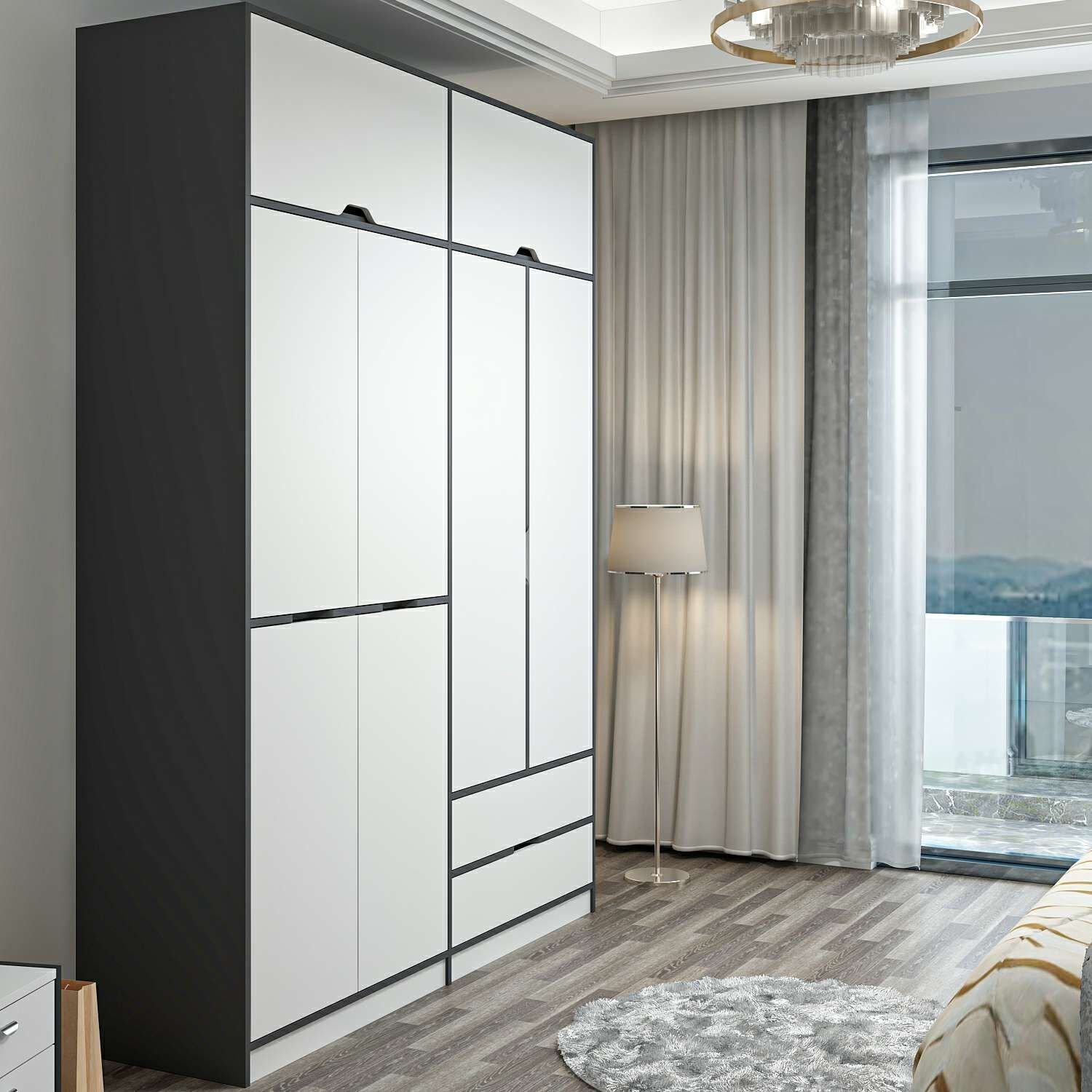 Elina 4 Kapaklı Dolap + Yüklük - Antrasit/Beyaz