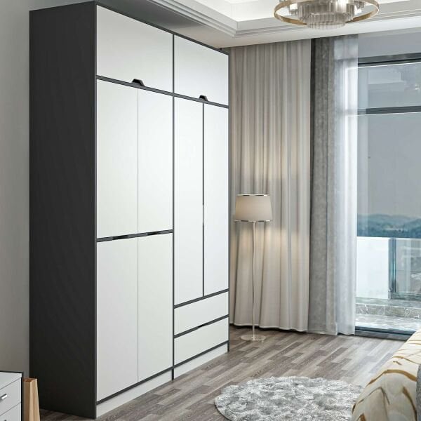 Elina 4 Kapaklı Dolap + Yüklük - Antrasit/Beyaz