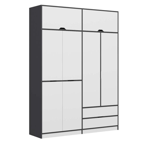Elina 4 Kapaklı Dolap + Yüklük - Antrasit/Beyaz
