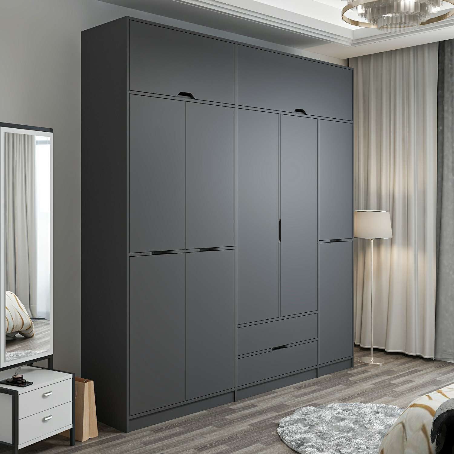 Elina 5 Kapaklı Dolap + Yüklük - Antrasit/Antrasit