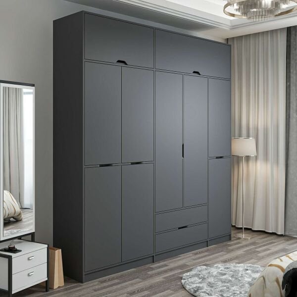 Elina 5 Kapaklı Dolap + Yüklük - Antrasit/Antrasit