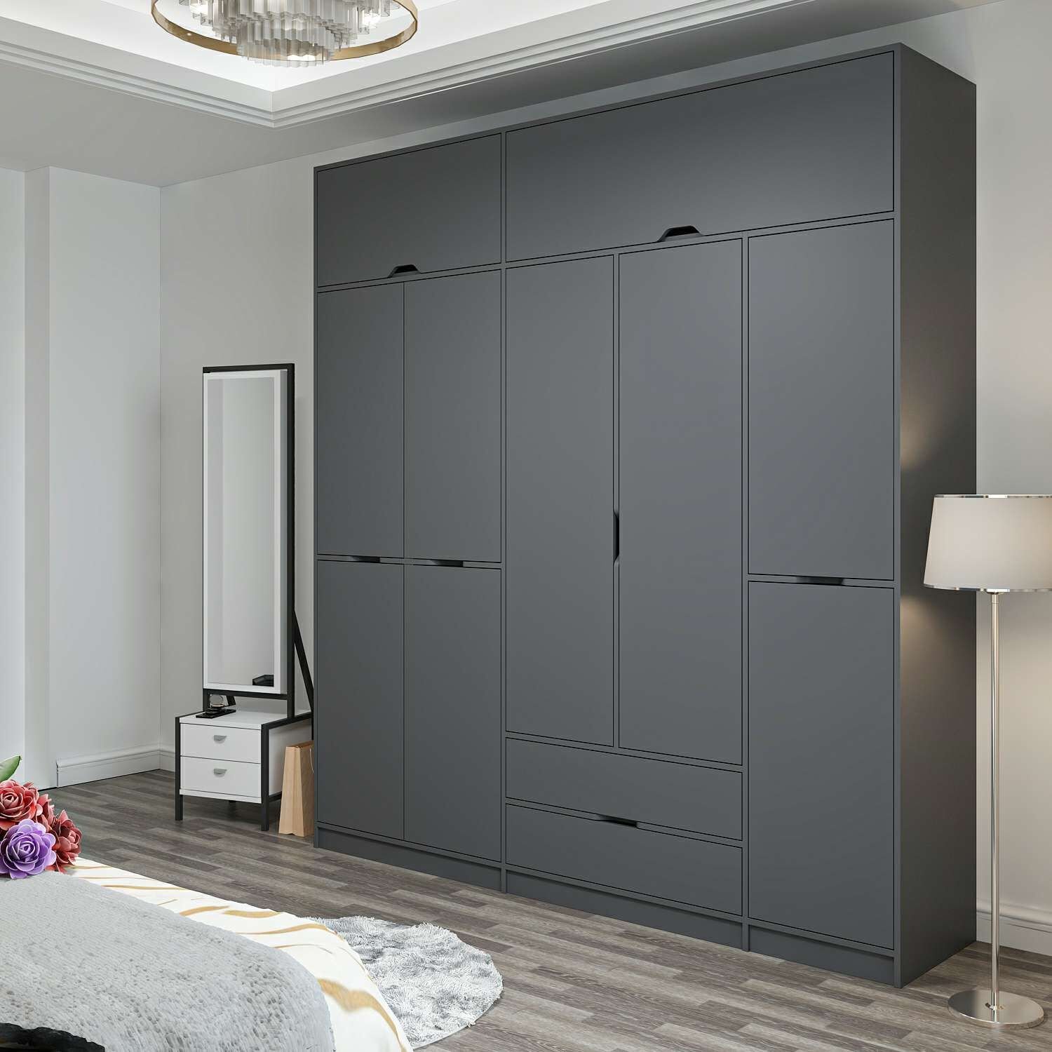 Elina 5 Kapaklı Dolap + Yüklük - Antrasit/Antrasit