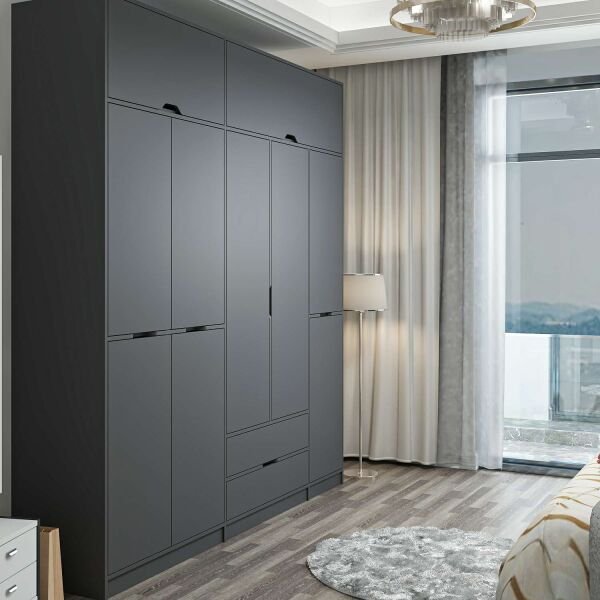 Elina 5 Kapaklı Dolap + Yüklük - Antrasit/Antrasit