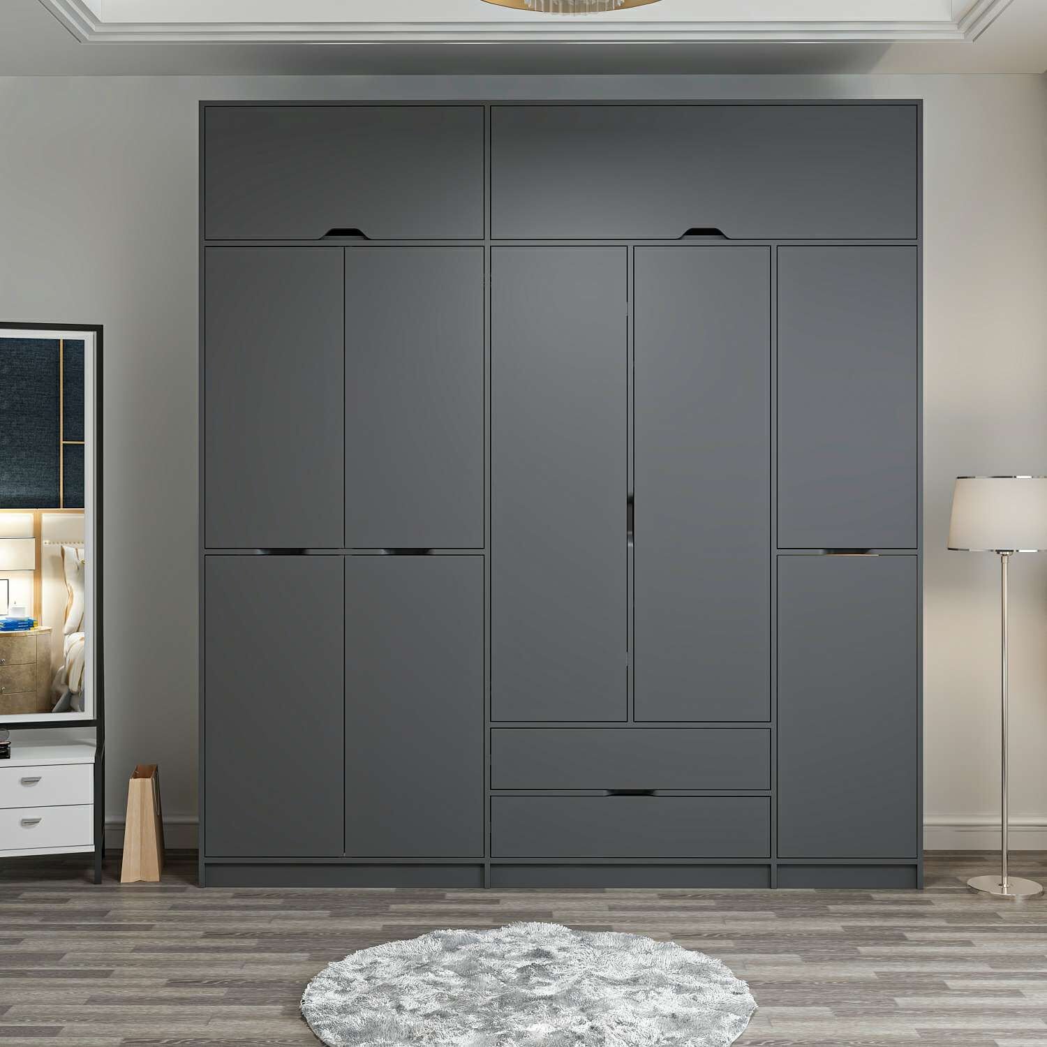 Elina 5 Kapaklı Dolap + Yüklük - Antrasit/Antrasit