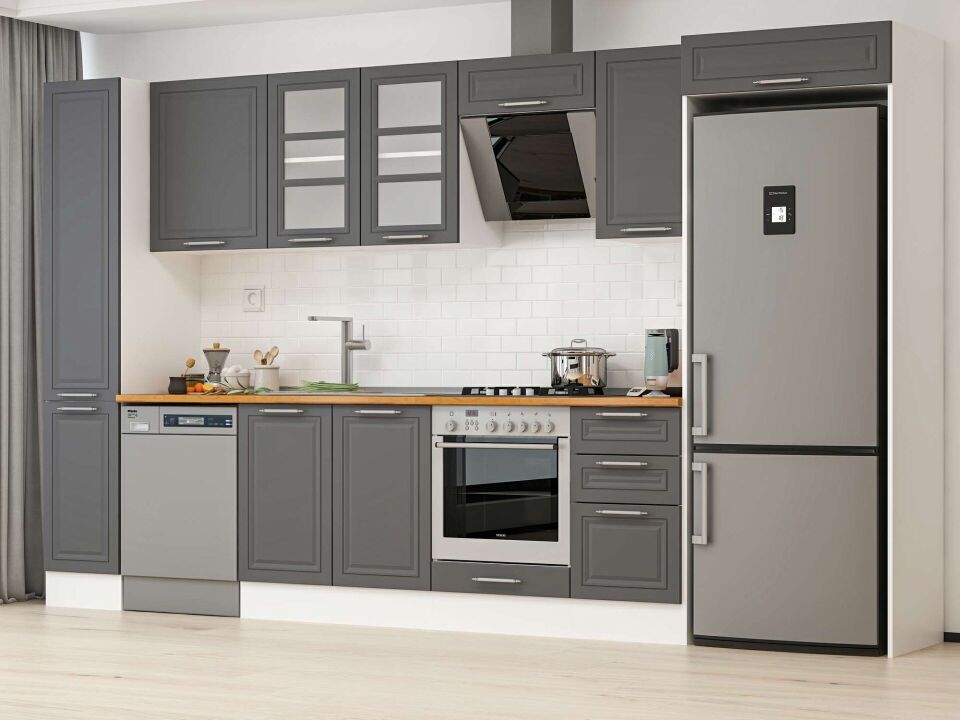 Alvinka 375X222 Cm Klasik Mebran Mutfak Dolabı Mbb-E90B40S45-3 Mebran | Antrasit - Mdf