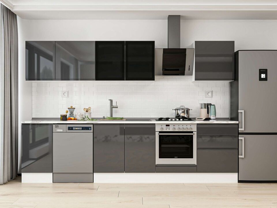 Alvinka 305X210 Cm High Gloss Mutfak Dolabı M-E80S45S60-3 High Gloss | Antrasit - Mdf