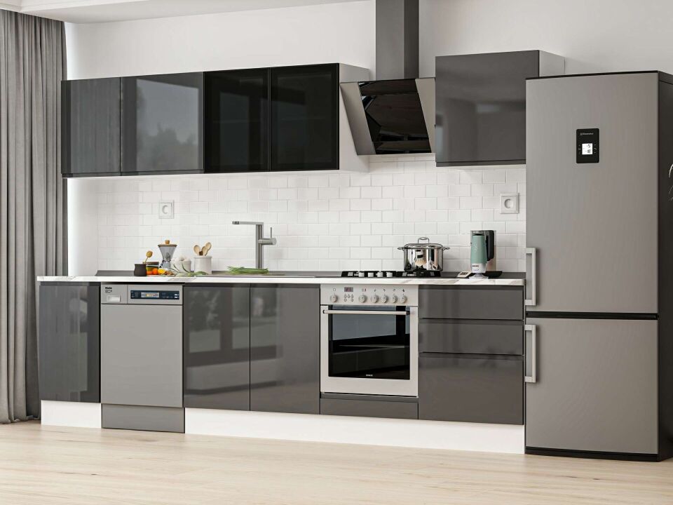 Alvinka 305X210 Cm High Gloss Mutfak Dolabı M-E80S45S60-3 High Gloss | Antrasit - Mdf