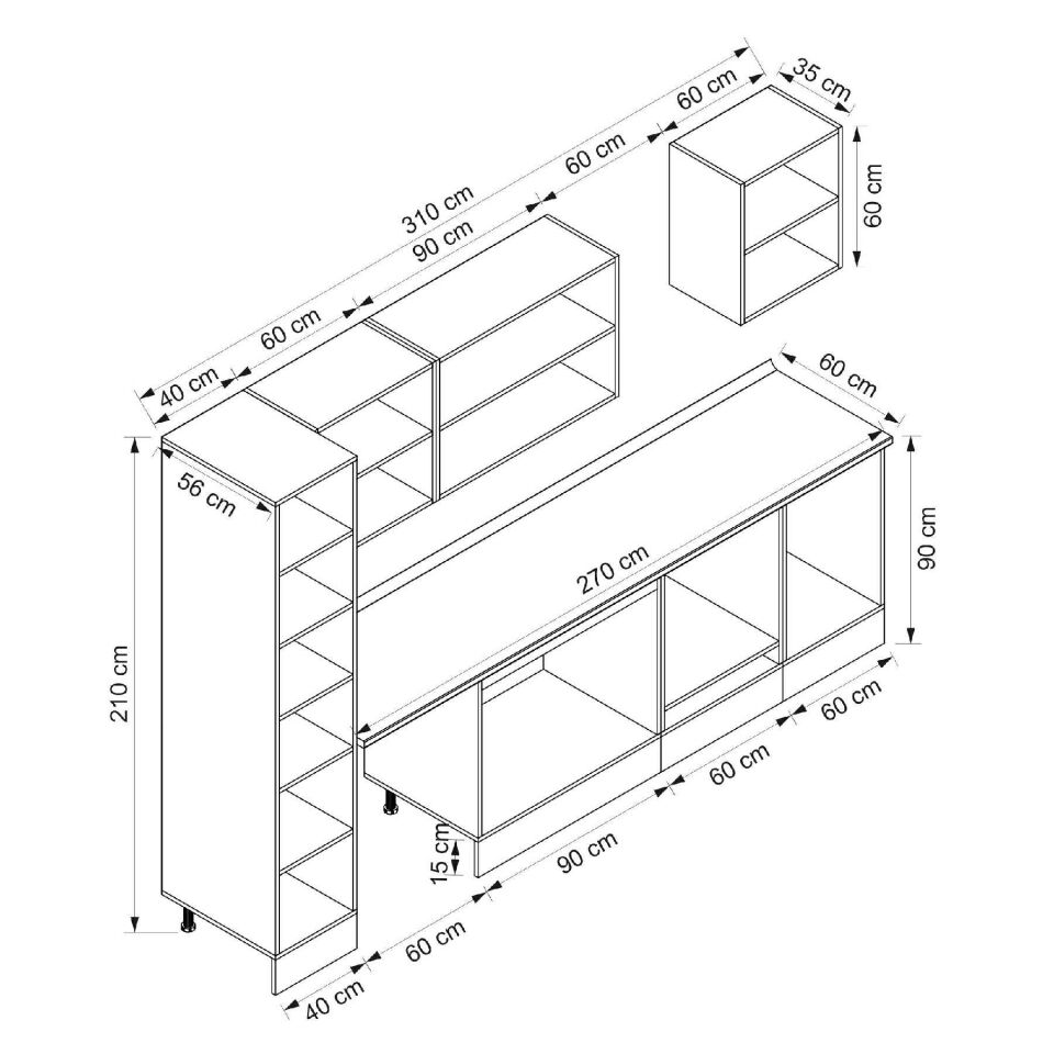 Alvinka 310X210 Cm Klasik Mebran Mutfak Dolabı Beyaz Beyaz Mb-E90B40S60-3