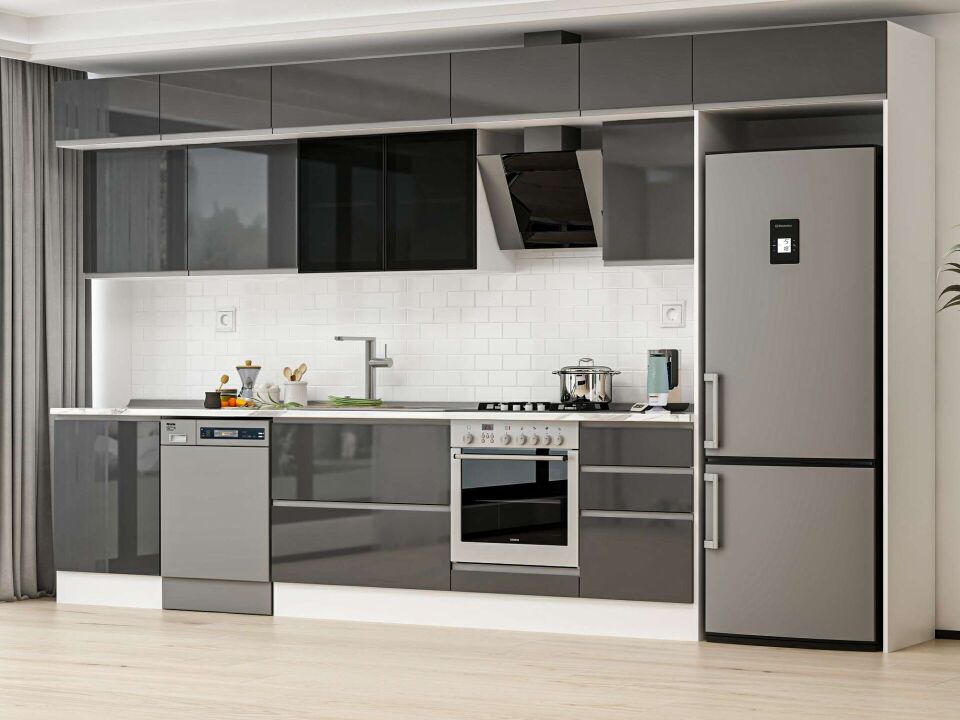 Alvinka 400X240 Cm High Gloss Mutfak Dolabı Mb-E90S60S50-3 High Gloss | Antrasit - Mdf