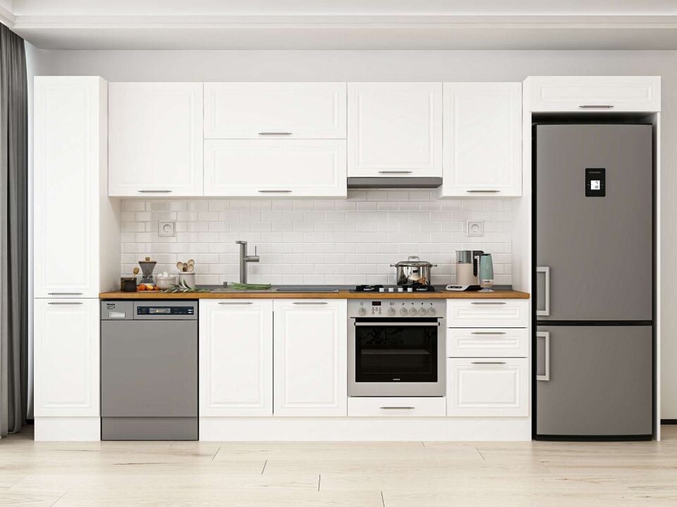 Alvinka 380X222 Cm Klasik Mebran Mutfak Dolabı Mbb-E90B40S50-1 Mebran | Beyaz - Mdf
