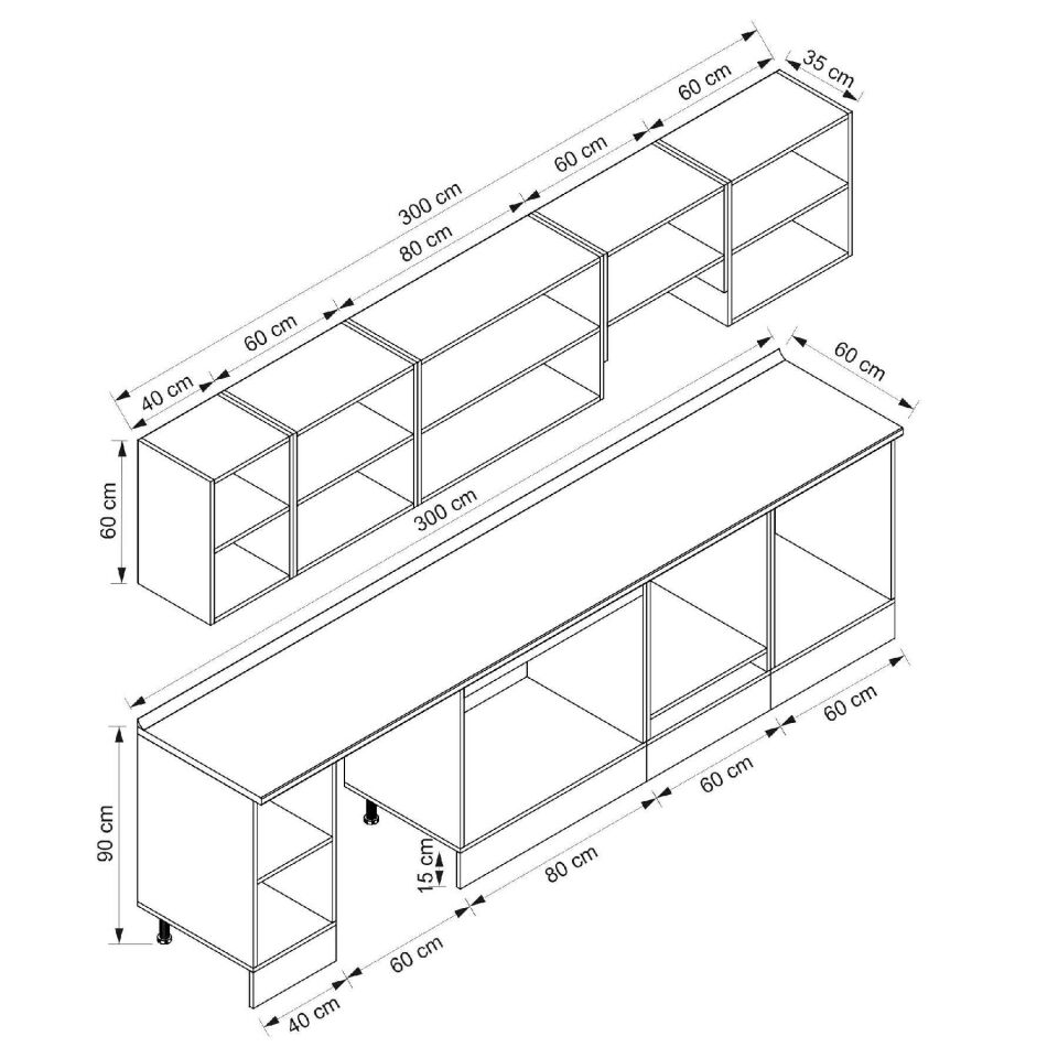 Alvinka 300X210 Cm Klasik Mebran Mutfak Dolabı M-E80S40S60-1 Mebran | Antrasit - Suntalam