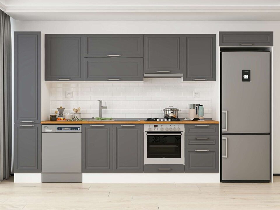 Alvinka 380X222 Cm Klasik Mebran Mutfak Dolabı Mbb-E90B40S50-1 Mebran | Antrasit - Mdf
