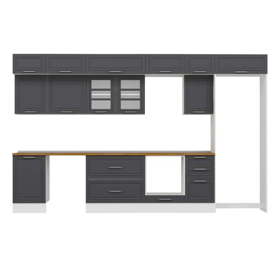 Alvinka 385X240 Cm Klasik Mebran Mutfak Dolabı Mb-E90S50S45-3 Mebran | Antrasit - Mdf