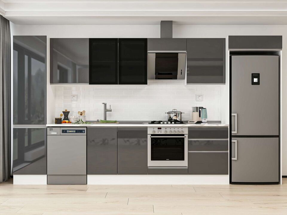 Alvinka 390x222 Cm High Gloss Mutfak Dolabı Mbb-E80B50S60-3 High Gloss | Antrasit - Mdf