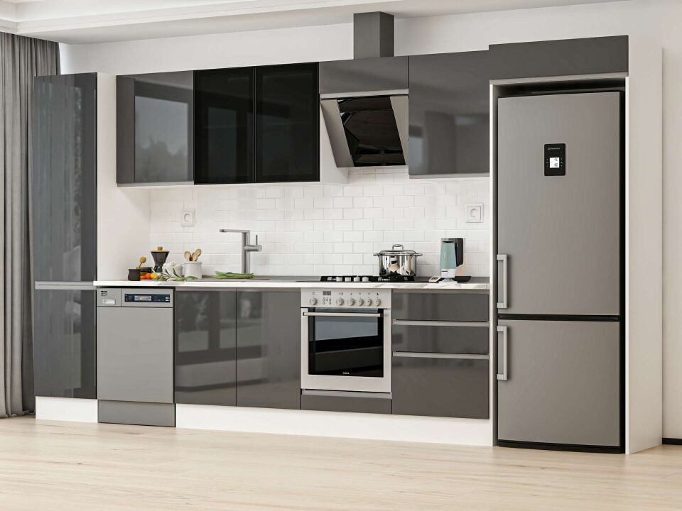 Alvinka 390x222 Cm High Gloss Mutfak Dolabı Mbb-E80B50S60-3 High Gloss | Antrasit - Mdf