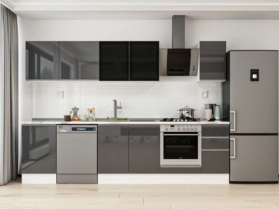 Alvinka 290X210 Cm High Gloss Mutfak Dolabı M-E80S50S40-3 High Gloss | Antrasit - Mdf